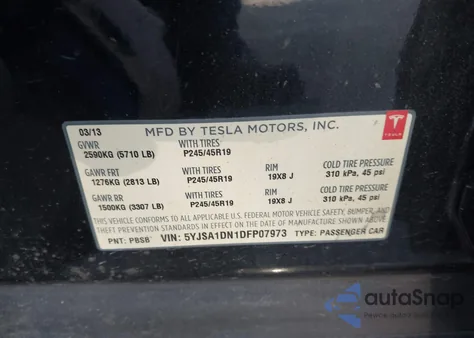 2013 Tesla Model S из США, поврежденный, VIN 5YJSA1DN1DFP07973